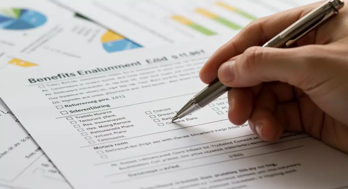 Hand pointing at federal benefits enrollment form options
