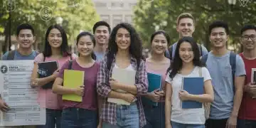 College students discussing financial aid forms on campus