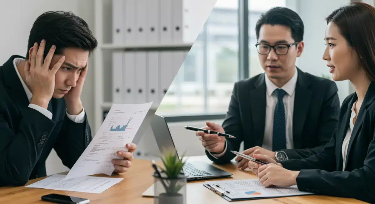 Contrasting images of financial stress versus informed financial planning for mortgage refinancing.