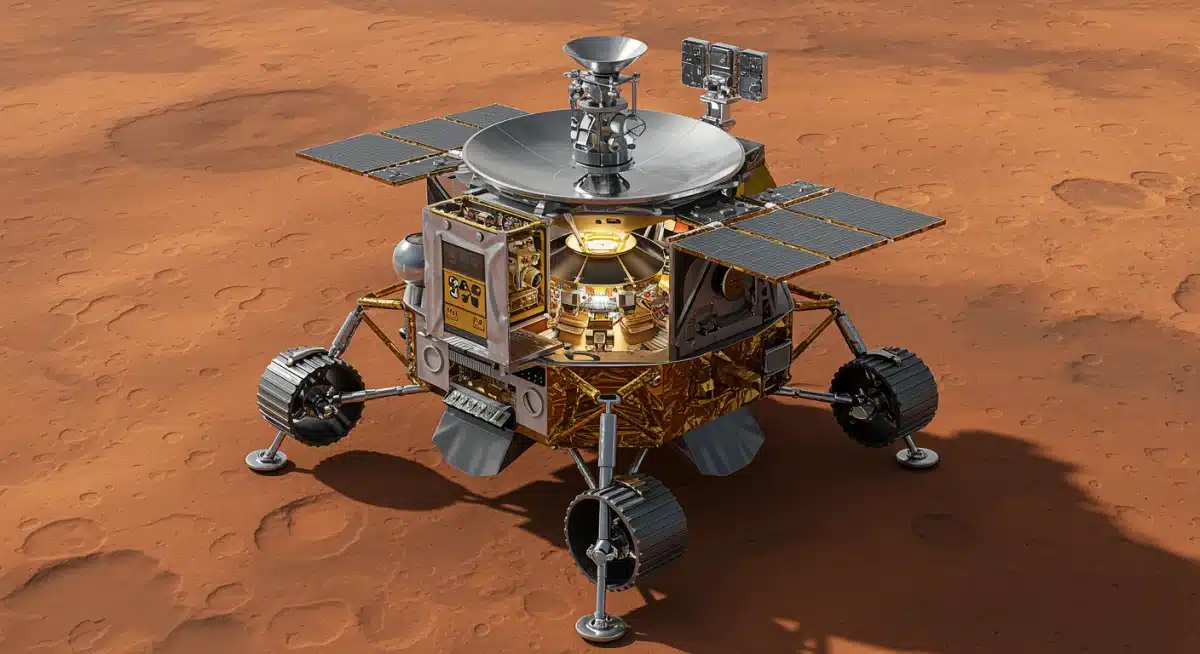 Cutaway diagram of a Mars lander revealing internal scientific instruments and technology.