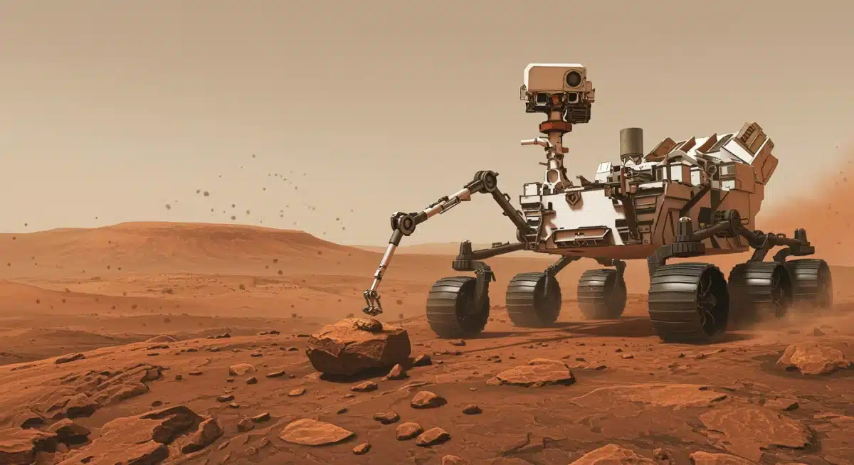 Illustration of a Mars rover collecting rock samples on the Martian surface, representing in-situ scientific exploration.