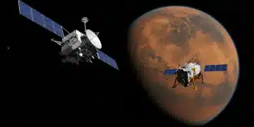 Artistic rendering of two advanced NASA spacecraft approaching Mars in late 2026, highlighting new scientific missions.