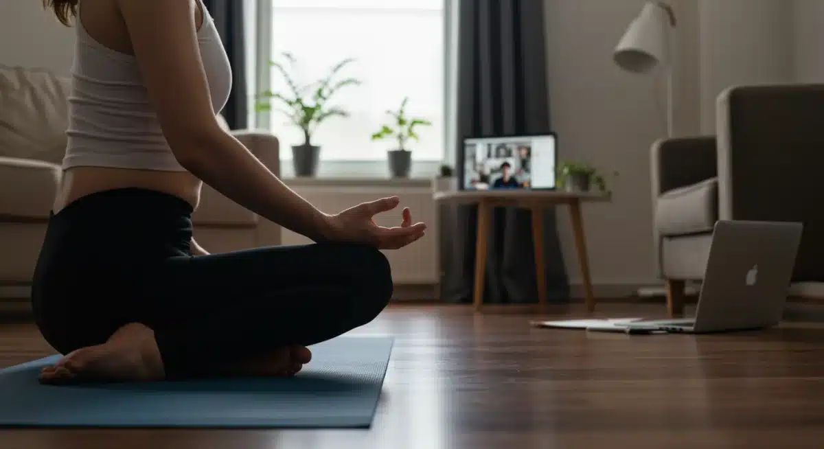 Federal employee achieving work-life balance with home yoga