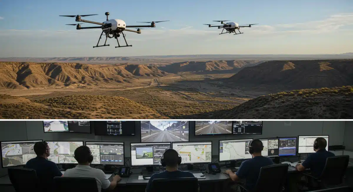 Advanced surveillance drone monitoring border areas, representing technological investment in border protection.