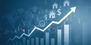 Federal Reserve building with upward trending interest rate graph and financial symbols
