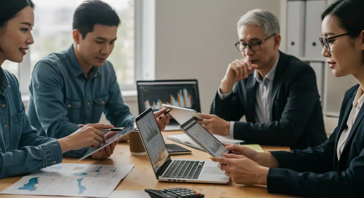 Investors analyzing financial data and discussing investment strategies during economic uncertainty