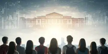 Students looking expectantly at a university, symbolizing future opportunities and financial aid access.