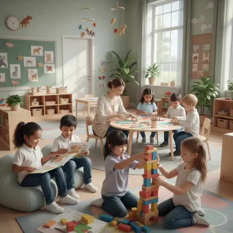 Children learning and playing in a modern early childhood education classroom