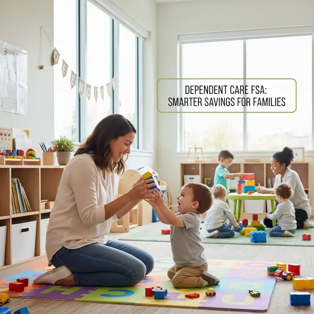 Parent and child engaged in play at a daycare facility for DCFSA illustration.
