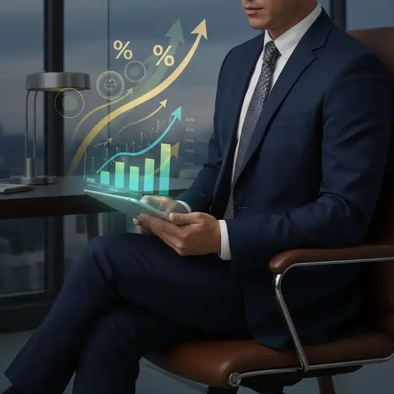 Investor analyzing fixed income charts with positive yield trends.