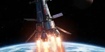 NASA spacecraft launching from Earth towards Mars, symbolizing the upcoming December 2026 mission.