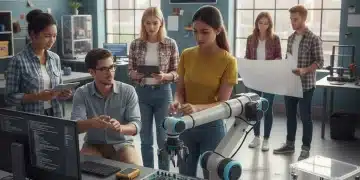 Diverse students in vocational training center with modern tech