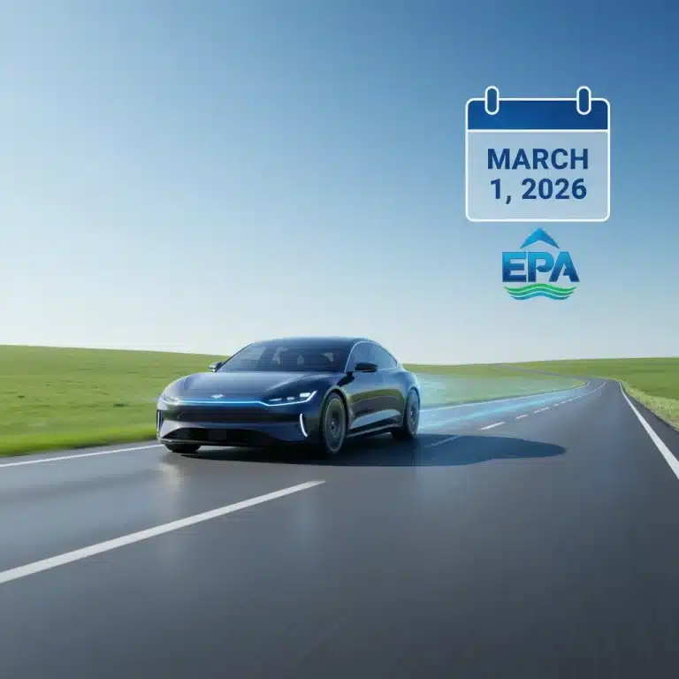 Electric car on road with clear sky, EPA regulations 2026 deadline