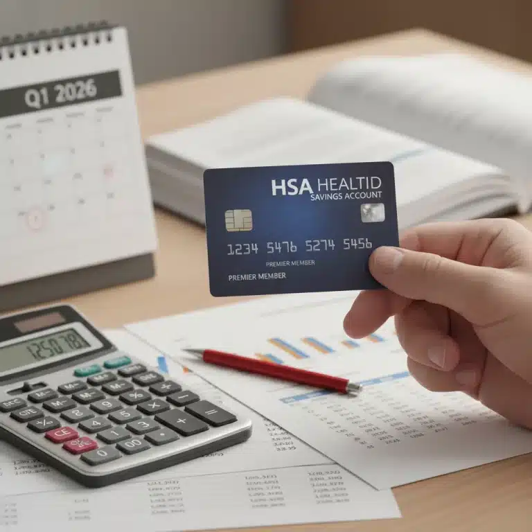 Hand holding an HSA credit card with a calendar showing Q1 2026, symbolizing health savings planning.