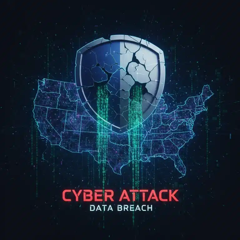 Fractured digital shield over US map with data leakage, symbolizing major data breaches.