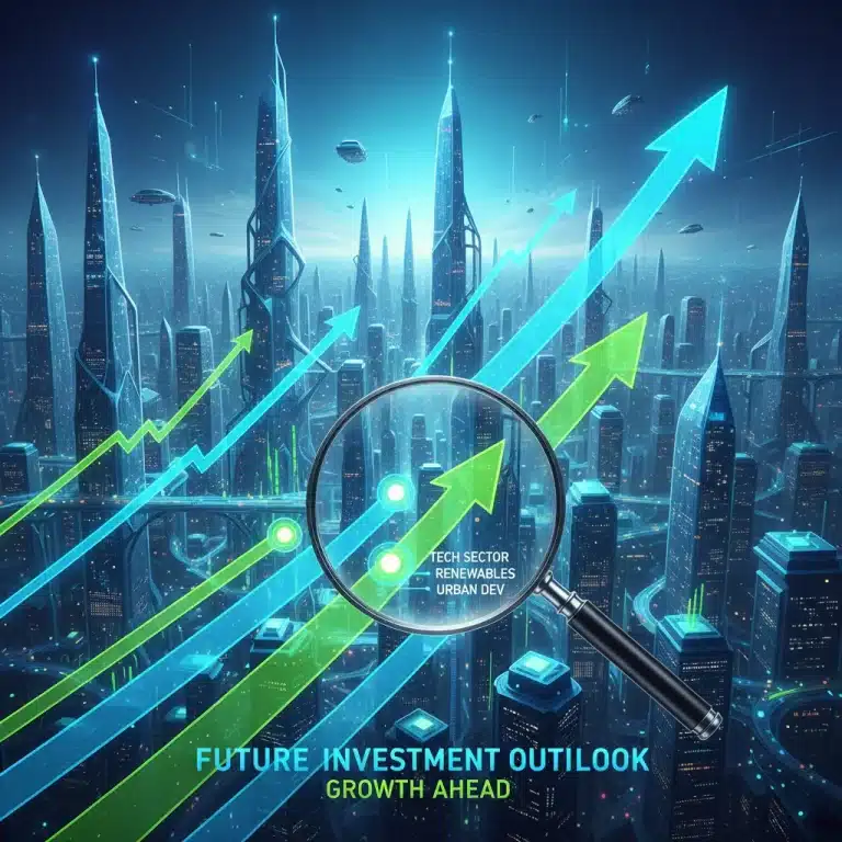Futuristic city with upward growth graphs representing private equity investment outlook for 2026