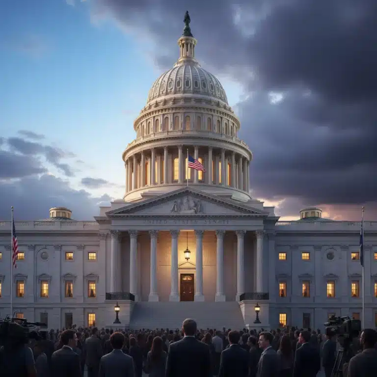 United States Senate building under a dramatic sky, symbolizing a pivotal vote.