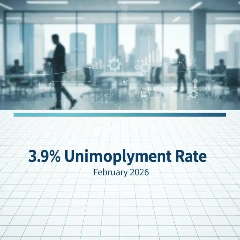 Graph showing stable 3.9% unemployment rate in February 2026, indicating economic stability.