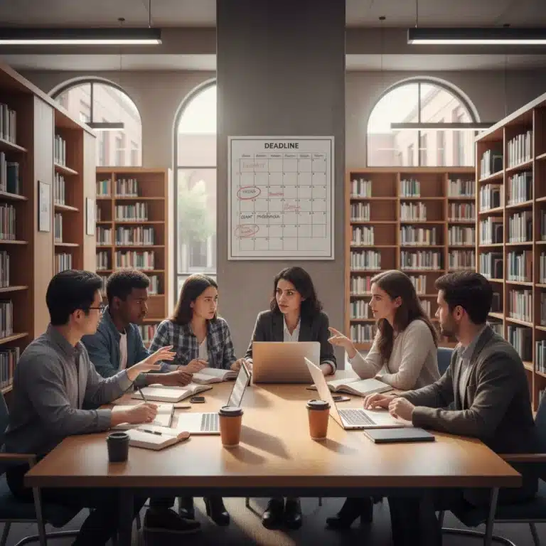 Students discussing graduate school scholarship deadlines in a university library