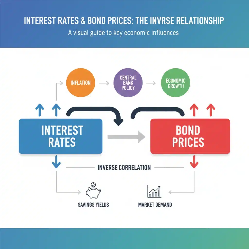 Infographic illustrating the inverse relationship between interest rates and bond prices, with economic factors.