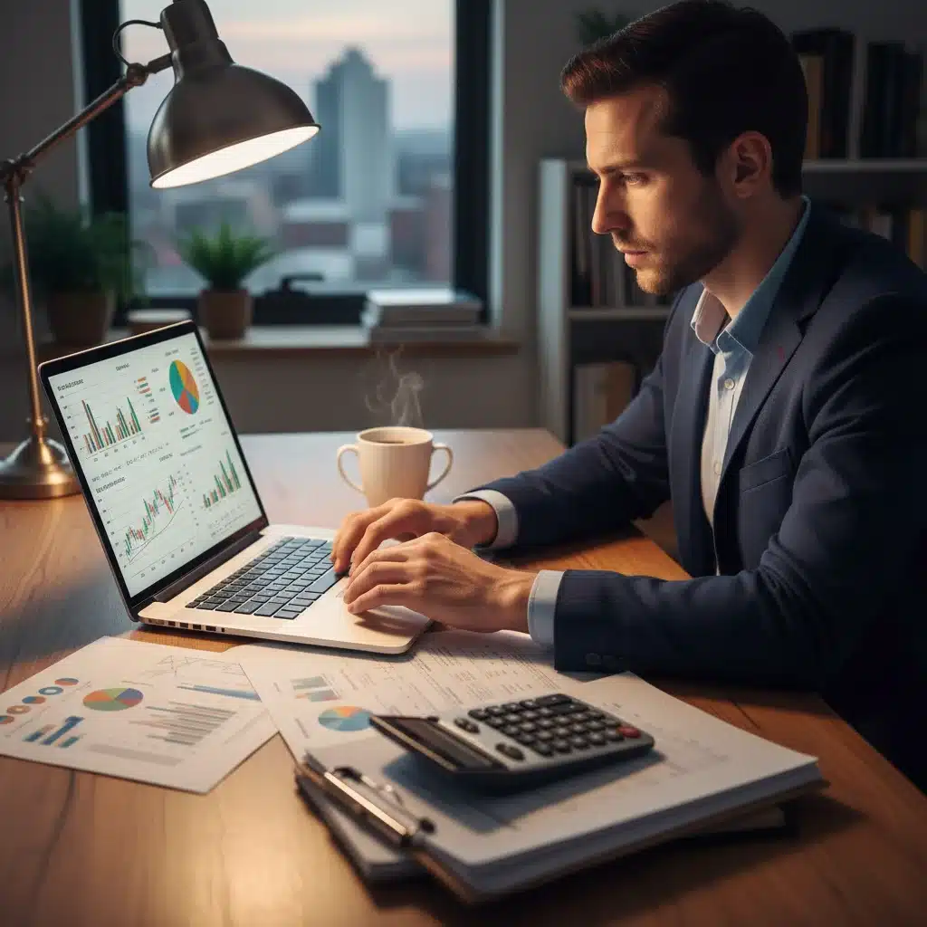 Individual meticulously reviewing financial documents and charts for retirement planning.