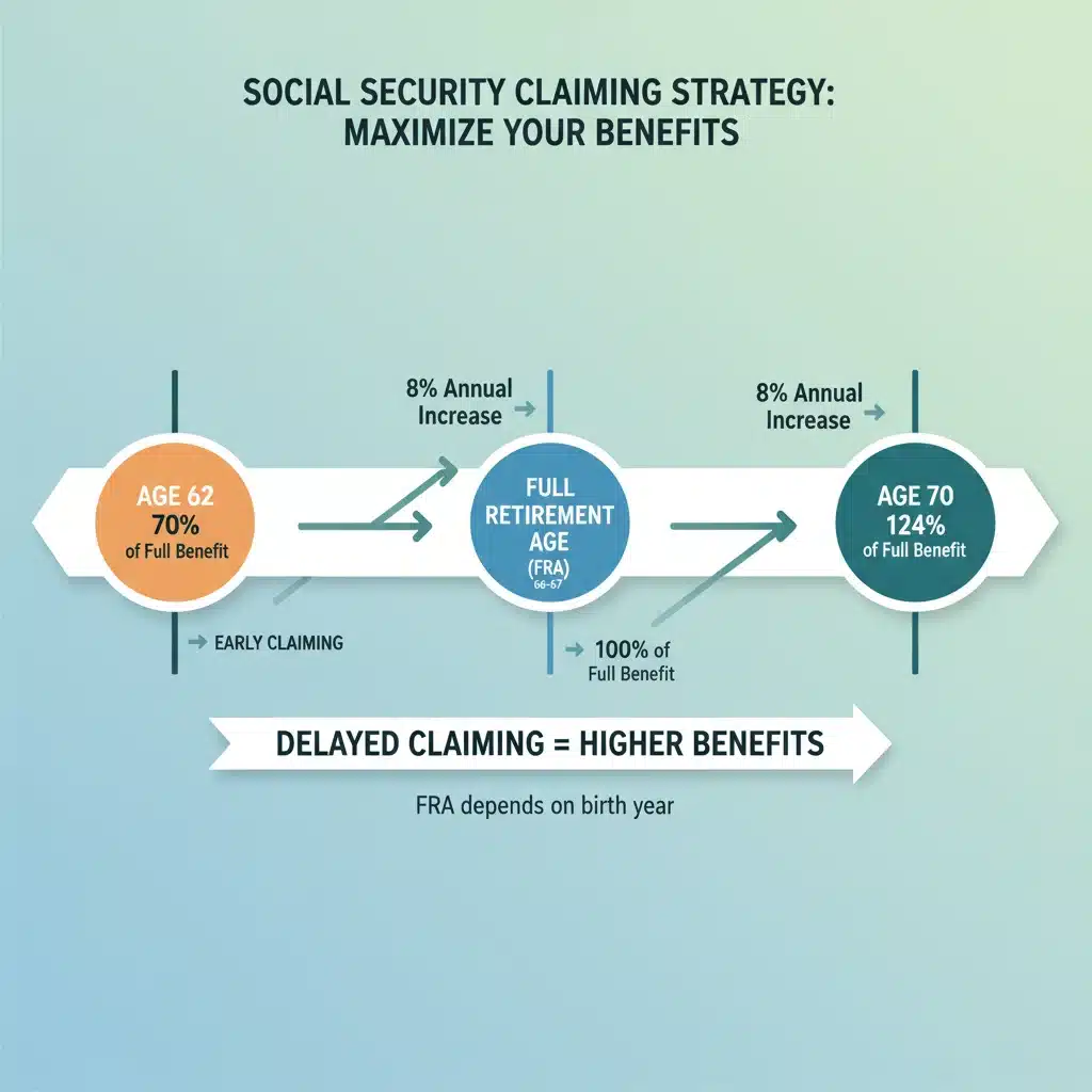 Infographic displaying Social Security claiming ages and benefit growth percentages.