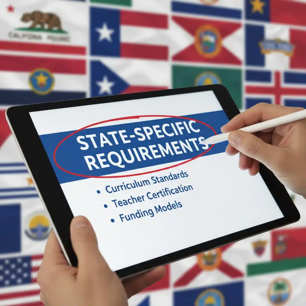 Digital tablet showing state-specific teacher certification requirements.