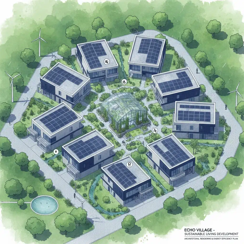 Sustainable housing development blueprint with green infrastructure