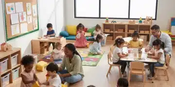 Children learning and playing in a modern early childhood classroom, symbolizing educational policy impact.