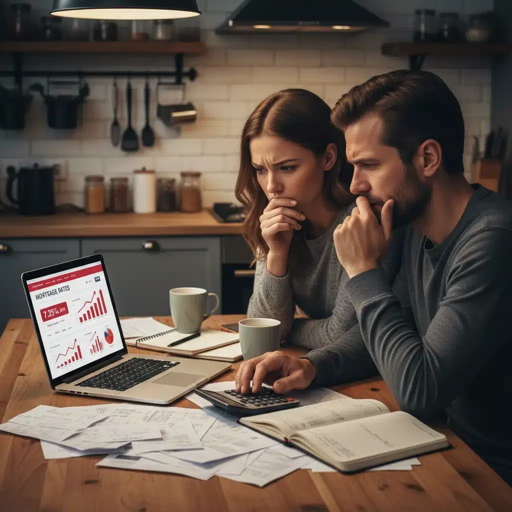 Couple analyzing mortgage rates and financial charts on a laptop, looking concerned
