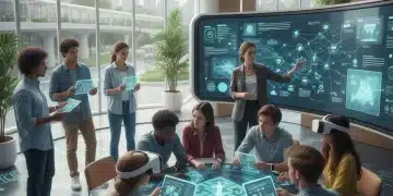 Students and teachers engaging with educational technology in a modern classroom