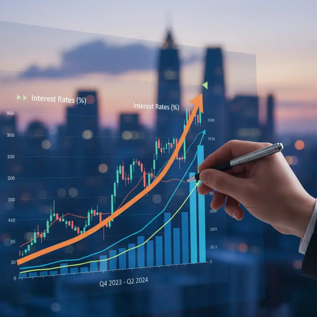 Hand pointing at upward trending financial graph illustrating interest rate increases