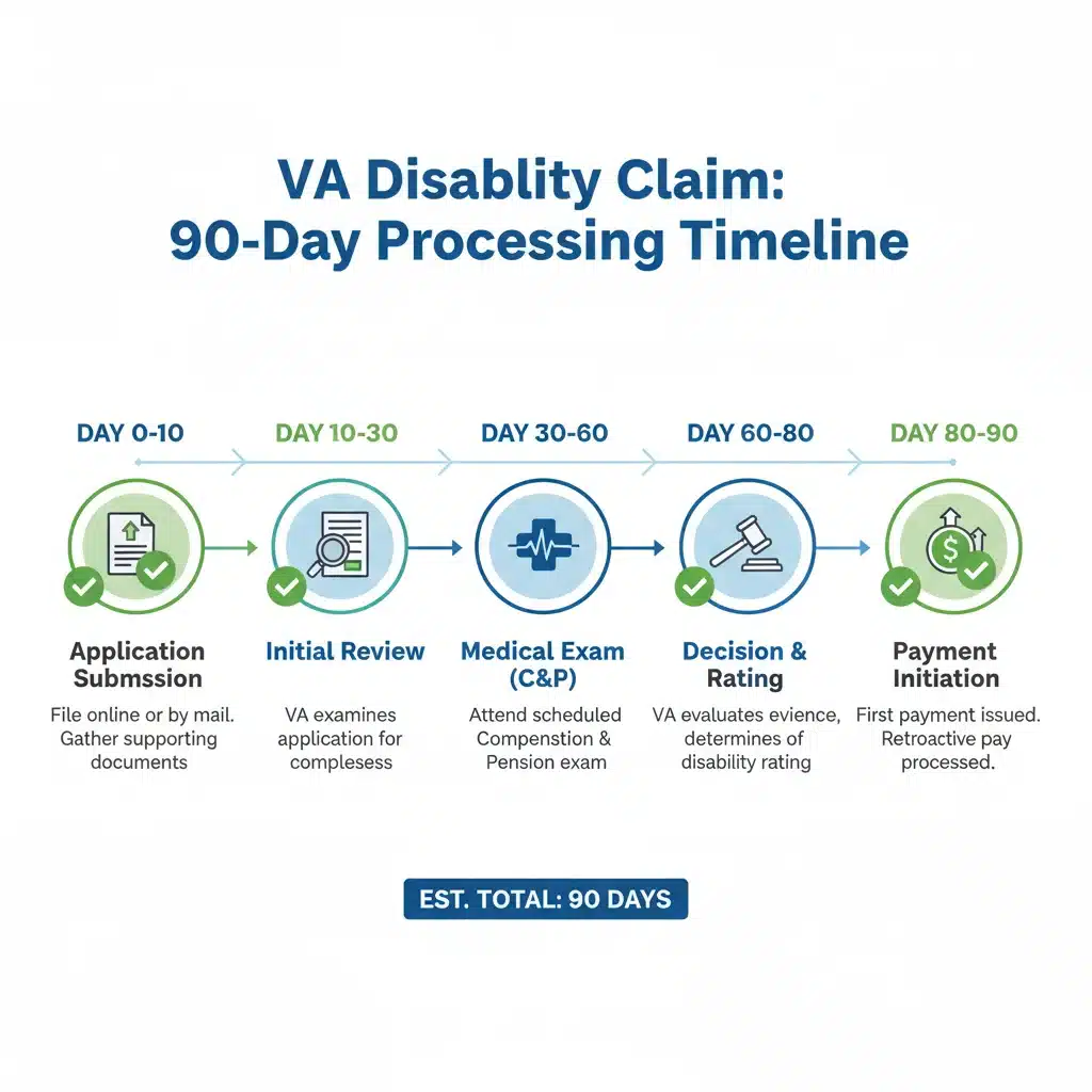 Infographic illustrating a 90-day timeline for VA disability claim processing steps.