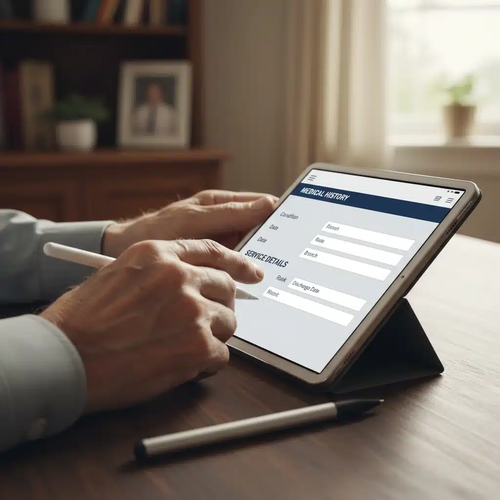 Veteran completing a digital disability benefits application form on a tablet.