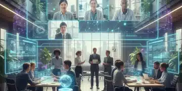 Professionals collaborating in a hybrid office environment, representing future job market interviews.