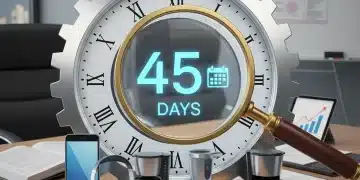 Clock showing 45 days with consumer products and magnifying glass, symbolizing efficient complaint resolution.