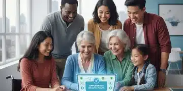 Diverse group accessing affordable healthcare information on a tablet.