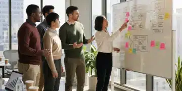 Diverse team collaborating on Agile project planning with sticky notes