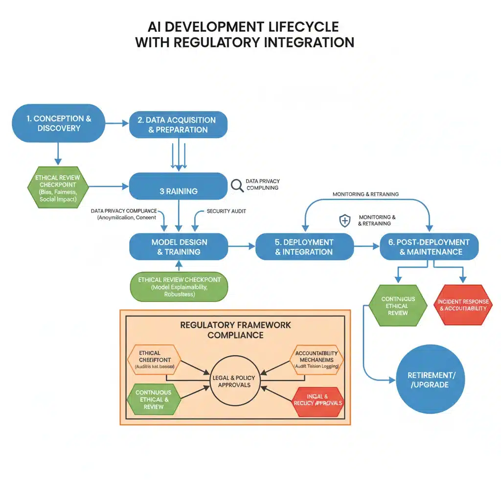 Flowchart illustrating AI development lifecycle with ethical review and compliance checkpoints.