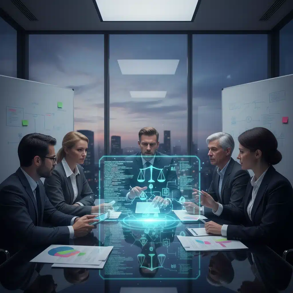 Professionals discussing complex AI regulatory documents and algorithms in a modern meeting.