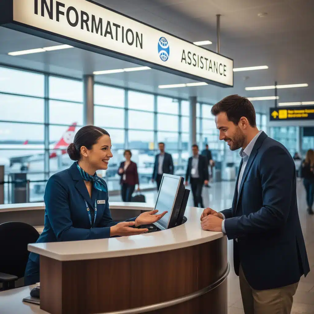 Airline representative assisting a passenger at an information desk.