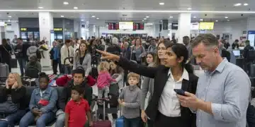 Passengers looking at a delayed flights board in an airport terminal.