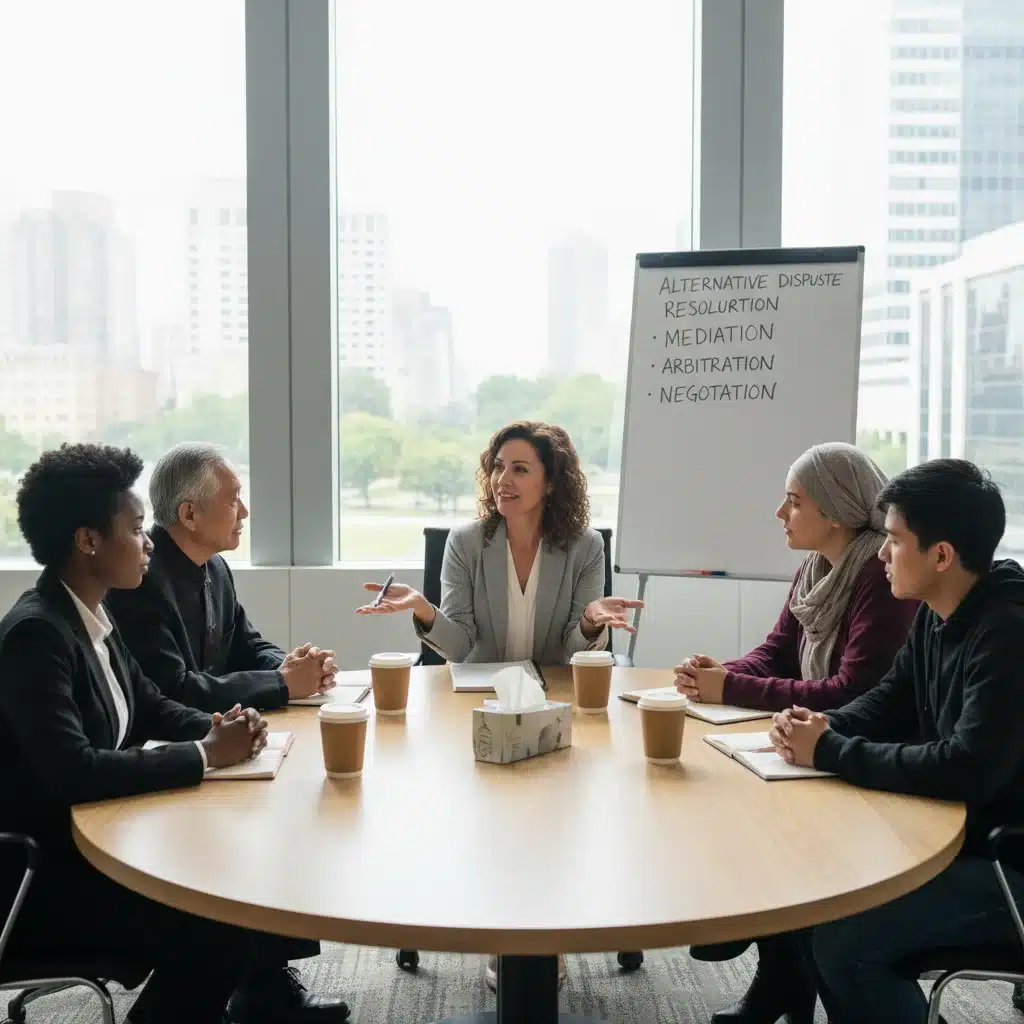 Diverse group in a mediation session, representing alternative dispute resolution.