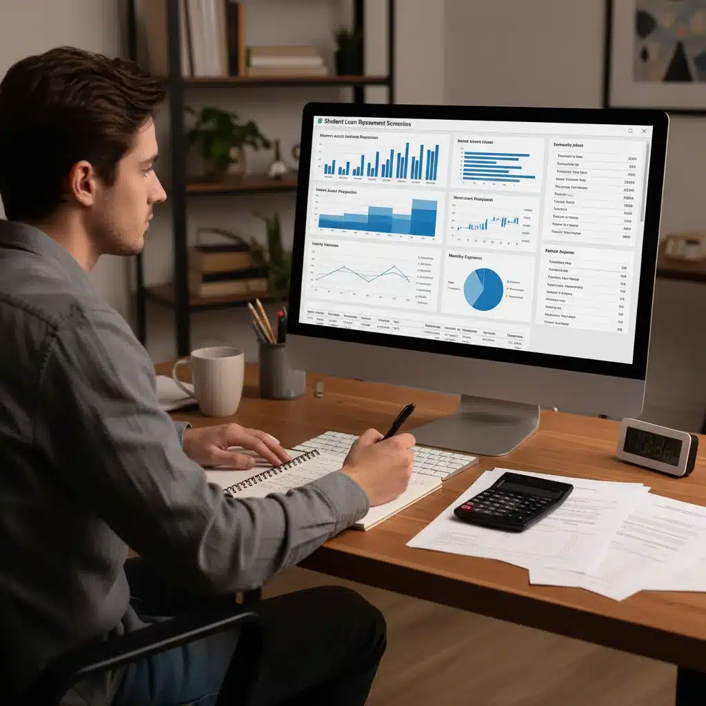 Person analyzing student loan repayment options and financial charts