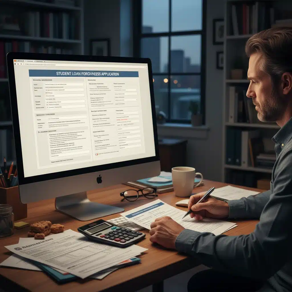 Individual meticulously reviewing student loan forgiveness application documents and financial statements.