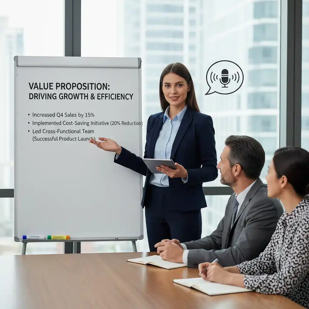 Confident individual articulating their value and achievements during a salary negotiation.