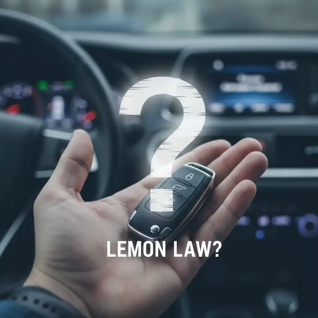 Hand holding car key with question mark, symbolizing automotive legal uncertainty