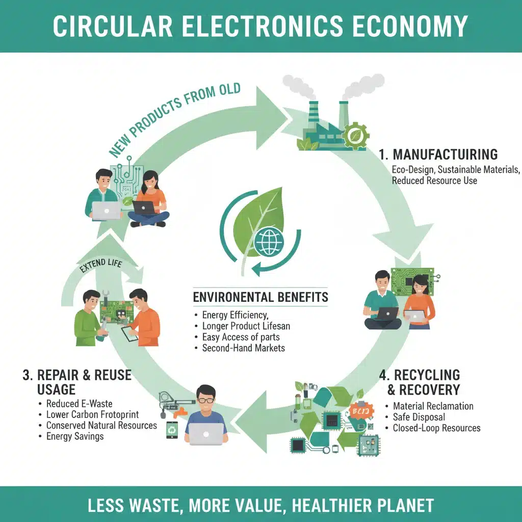 Infographic showing the circular economy of electronics with repair and recycling.