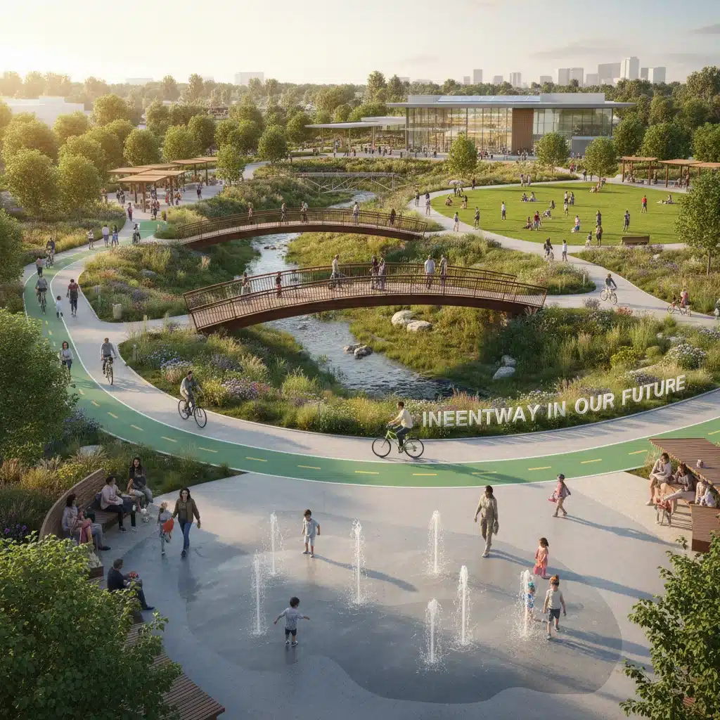 Community park with new pedestrian bridges and bike paths
