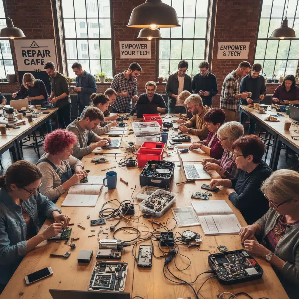 Community repair workshop with people fixing various electronic devices.